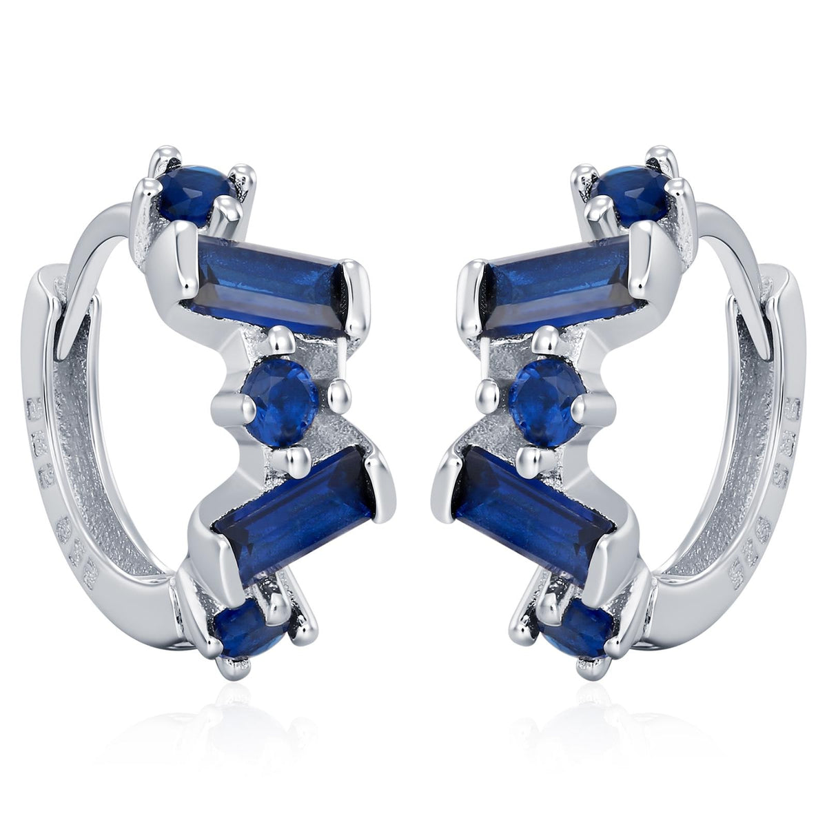Sapphire Blue Baguette CZ Cluster Huggie Hoop in Sterling Silver, Silver or Gold, Geometric Hoop Earrings, Irregular Shaped