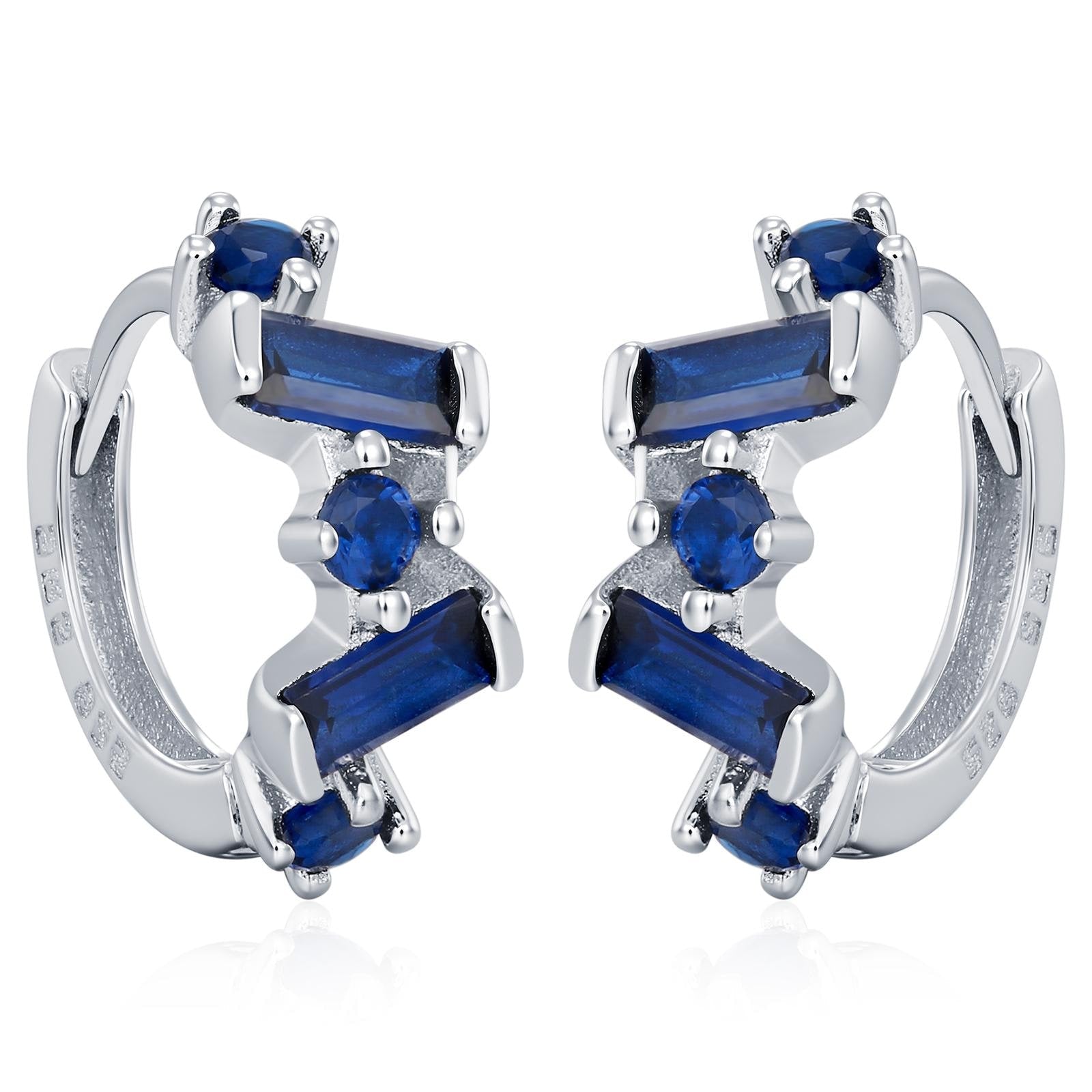 Sapphire Blue Baguette CZ Cluster Huggie Hoop in Sterling Silver, Silver or Gold, Geometric Hoop Earrings, Irregular Shaped