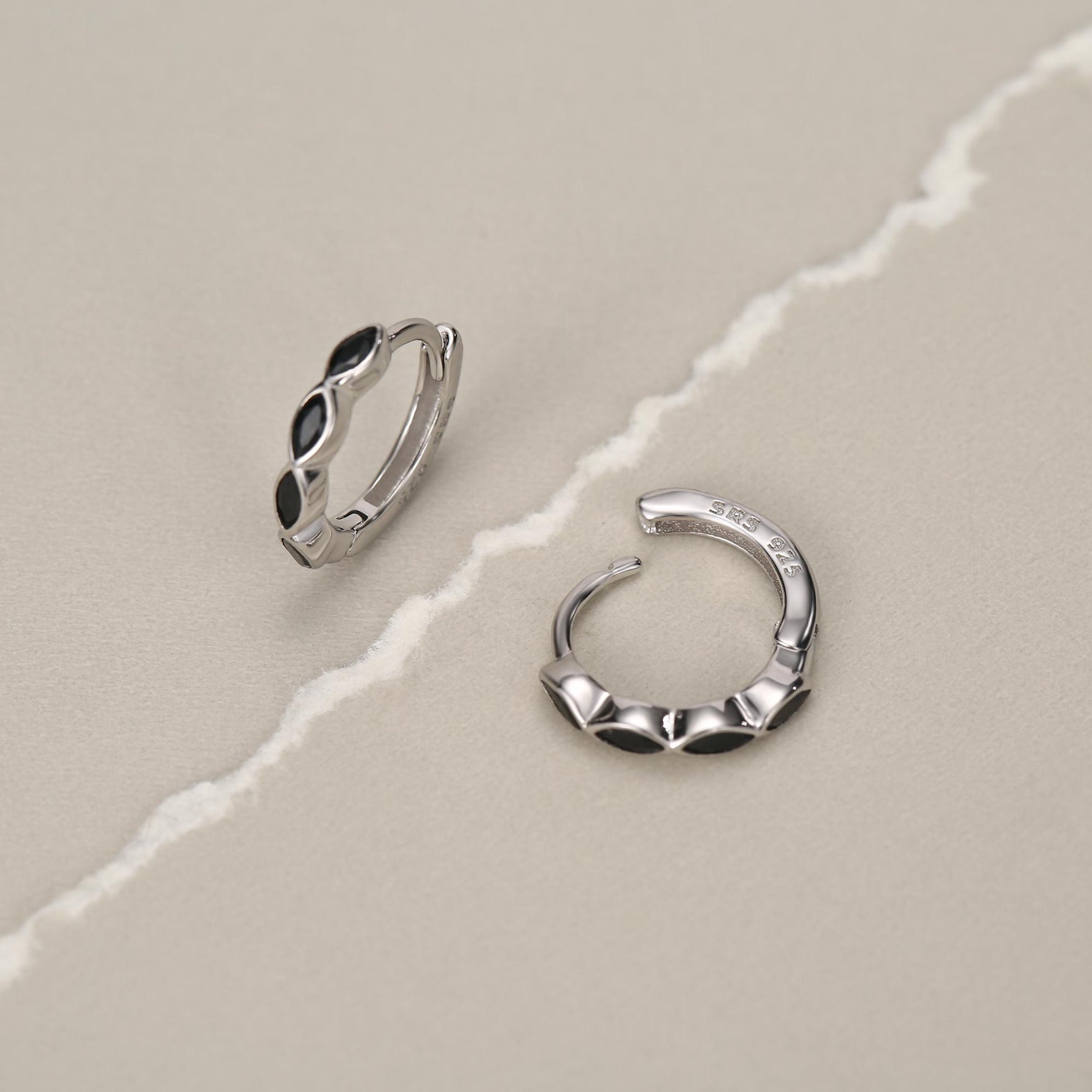 Black Marquise CZ Huggie Hoop in Sterling Silver, Silver or Gold, Minimalist Simple Black Hoop Earrings, Black Diamond Hoops