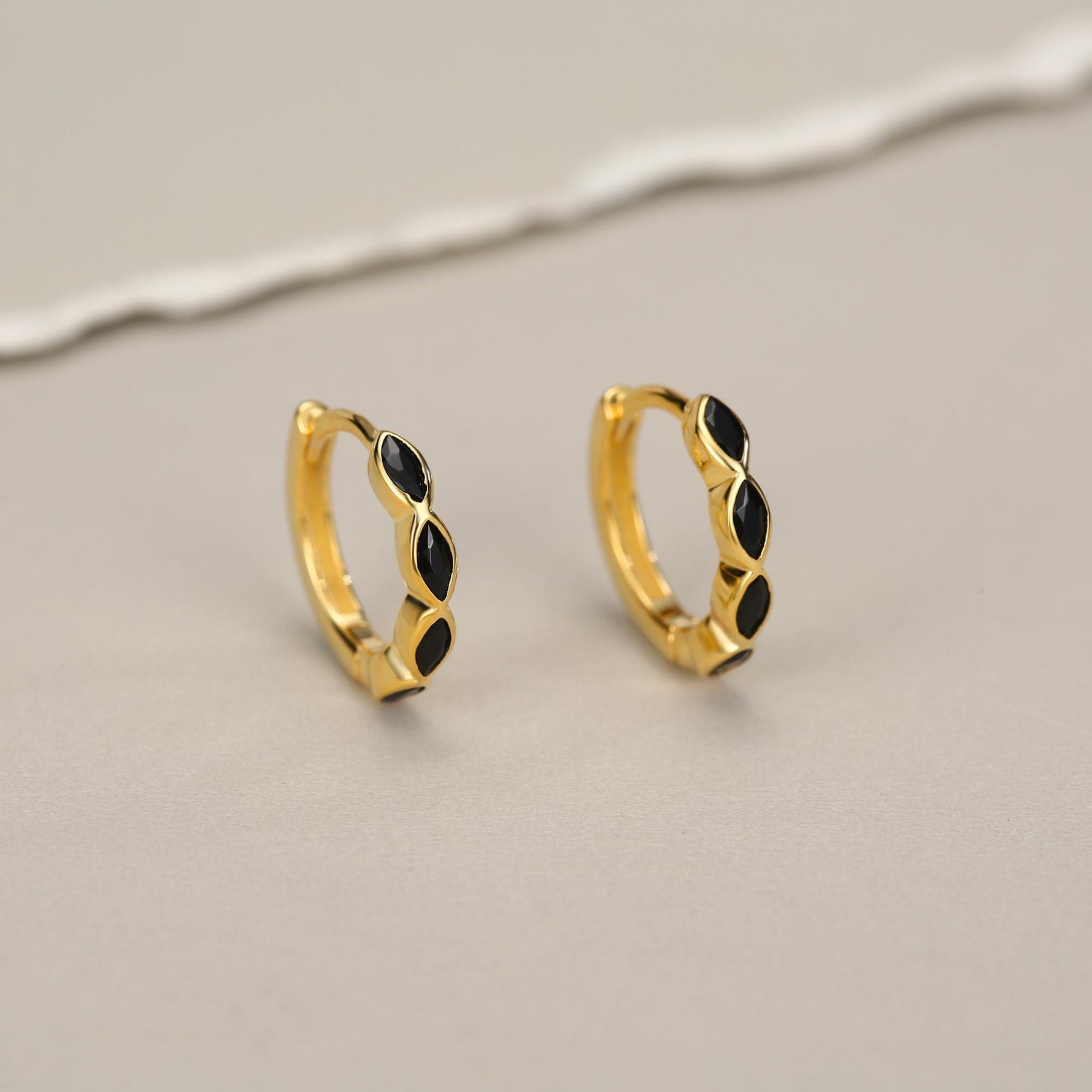 Black Marquise CZ Huggie Hoop in Sterling Silver, Silver or Gold, Minimalist Simple Black Hoop Earrings, Black Diamond Hoops