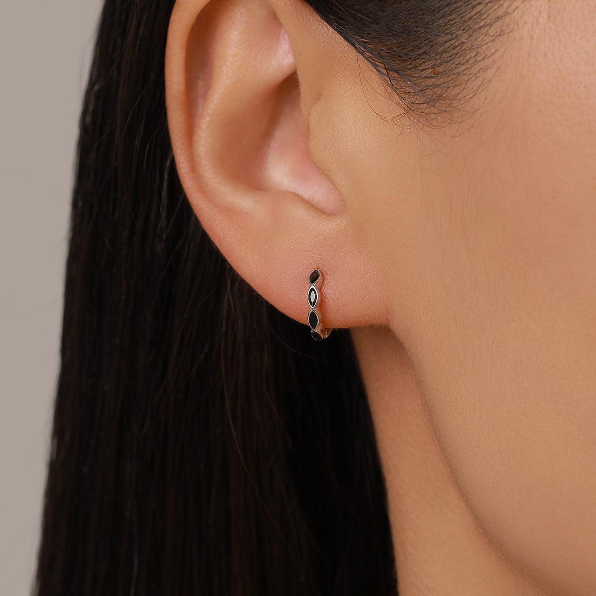 Black Marquise CZ Huggie Hoop in Sterling Silver, Silver or Gold, Minimalist Simple Black Hoop Earrings, Black Diamond Hoops