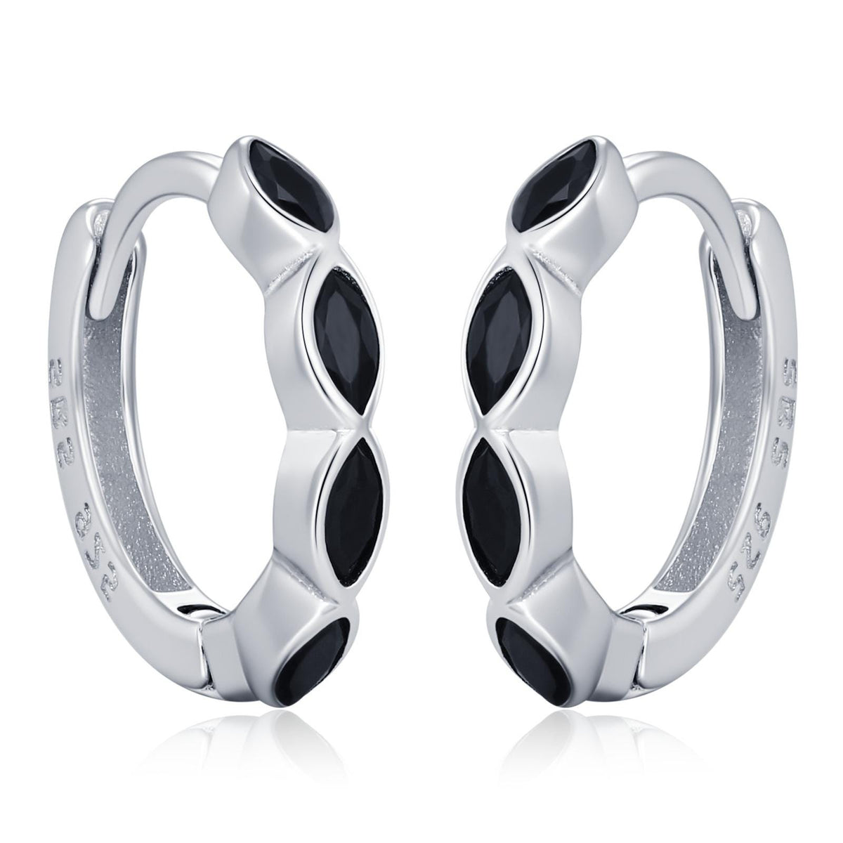 Black Marquise CZ Huggie Hoop in Sterling Silver, Silver or Gold, Minimalist Simple Black Hoop Earrings, Black Diamond Hoops