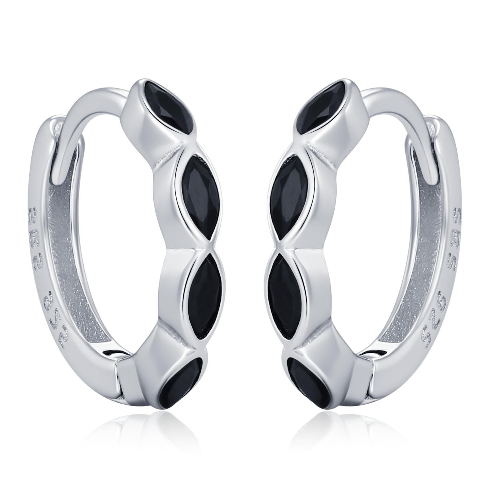 Black Marquise CZ Huggie Hoop in Sterling Silver, Silver or Gold, Minimalist Simple Black Hoop Earrings, Black Diamond Hoops