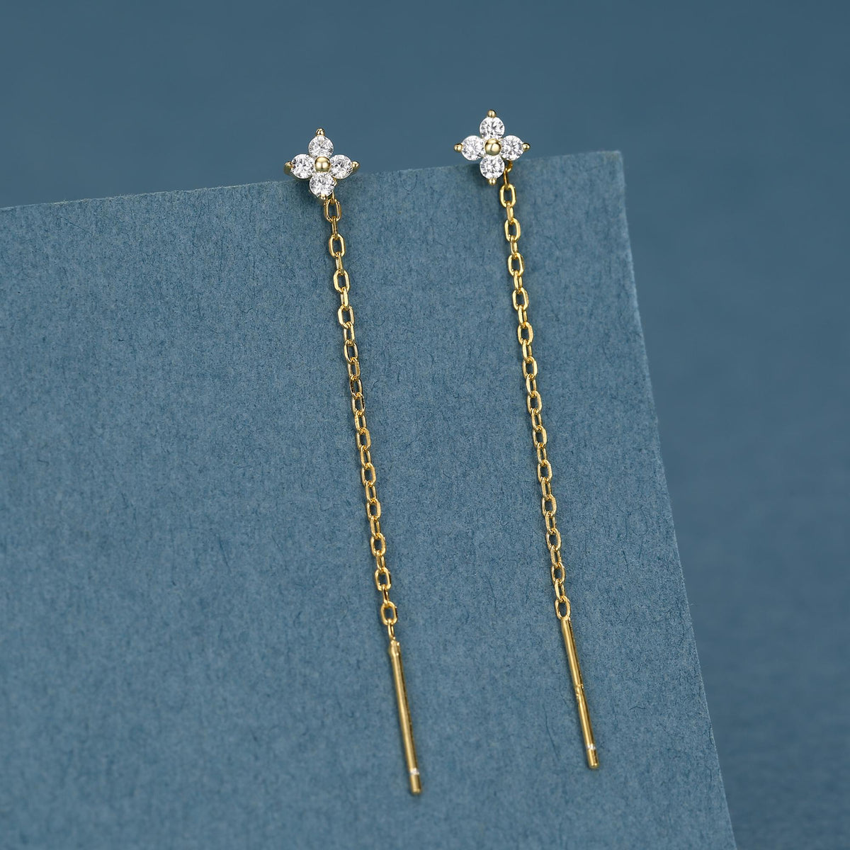 Hydrangea Flower CZ Threader Earrings in Sterling Silver, Silver or Gold, Four Dot Crystal Ear Threaders, Flower CZ Earrings