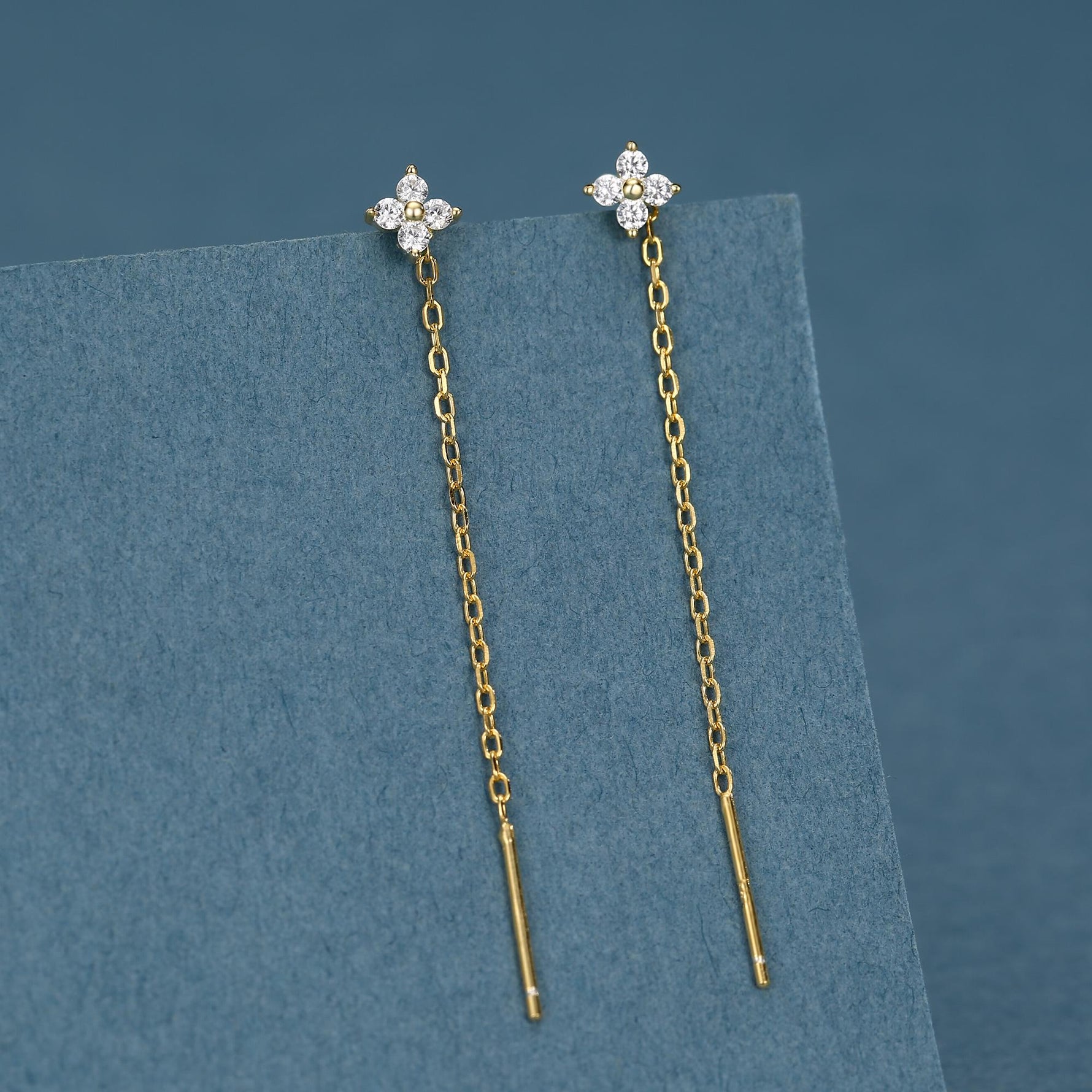 Hydrangea Flower CZ Threader Earrings in Sterling Silver, Silver or Gold, Four Dot Crystal Ear Threaders, Flower CZ Earrings