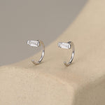 Horizontal Baguette Cut CZ Huggie Hoop Earrings in Sterling Silver, Silver or Gold, Open Hoops, Pull-Through Threader Earrings