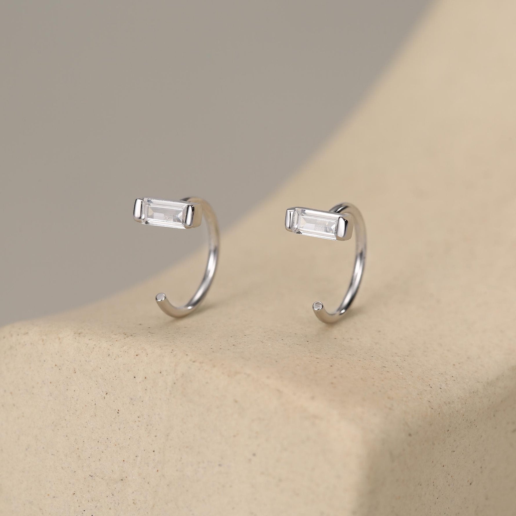 Horizontal Baguette Cut CZ Huggie Hoop Earrings in Sterling Silver, Silver or Gold, Open Hoops, Pull-Through Threader Earrings