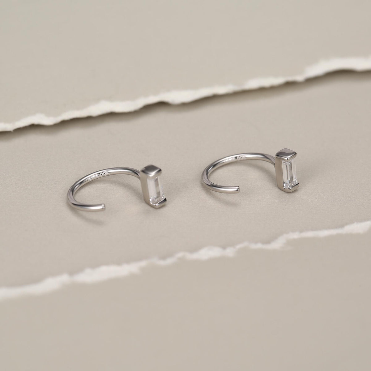 Horizontal Baguette Cut CZ Huggie Hoop Earrings in Sterling Silver, Silver or Gold, Open Hoops, Pull-Through Threader Earrings