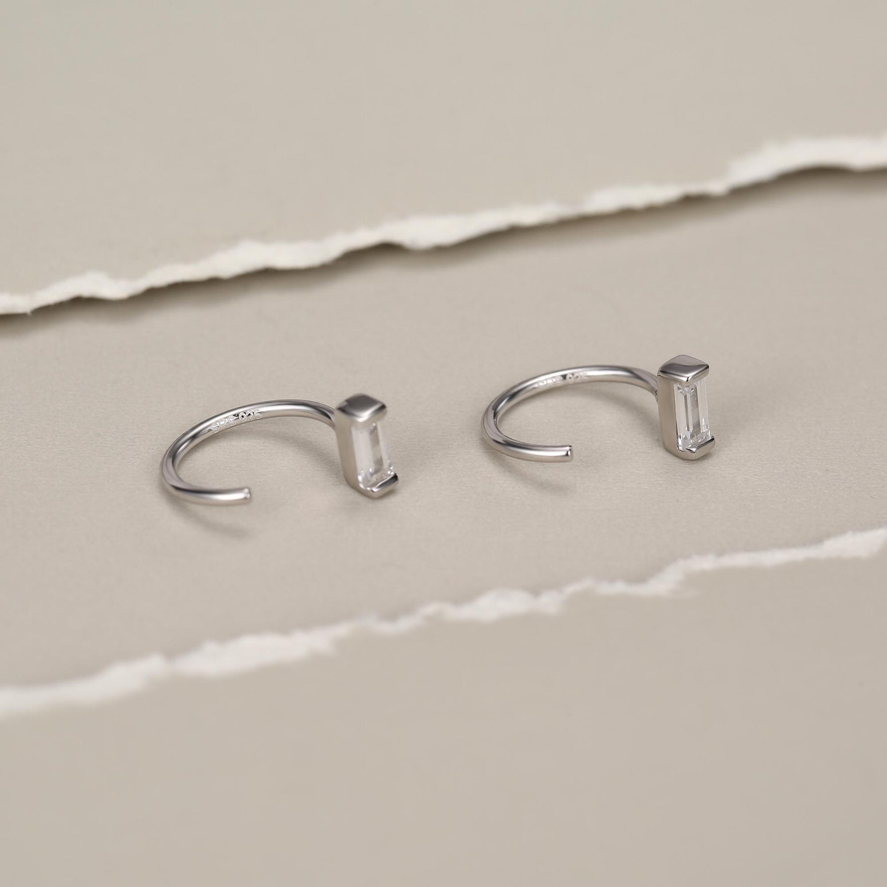Horizontal Baguette Cut CZ Huggie Hoop Earrings in Sterling Silver, Silver or Gold, Open Hoops, Pull-Through Threader Earrings