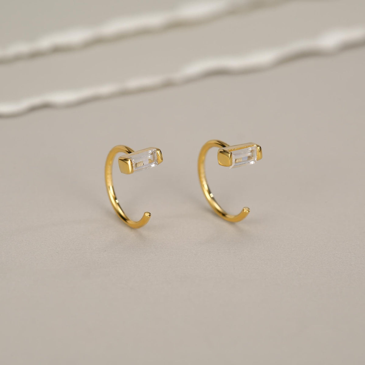 Horizontal Baguette Cut CZ Huggie Hoop Earrings in Sterling Silver, Silver or Gold, Open Hoops, Pull-Through Threader Earrings