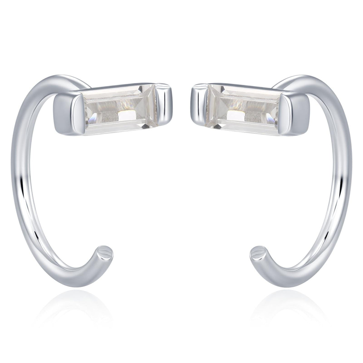 Horizontal Baguette Cut CZ Huggie Hoop Earrings in Sterling Silver, Silver or Gold, Open Hoops, Pull-Through Threader Earrings