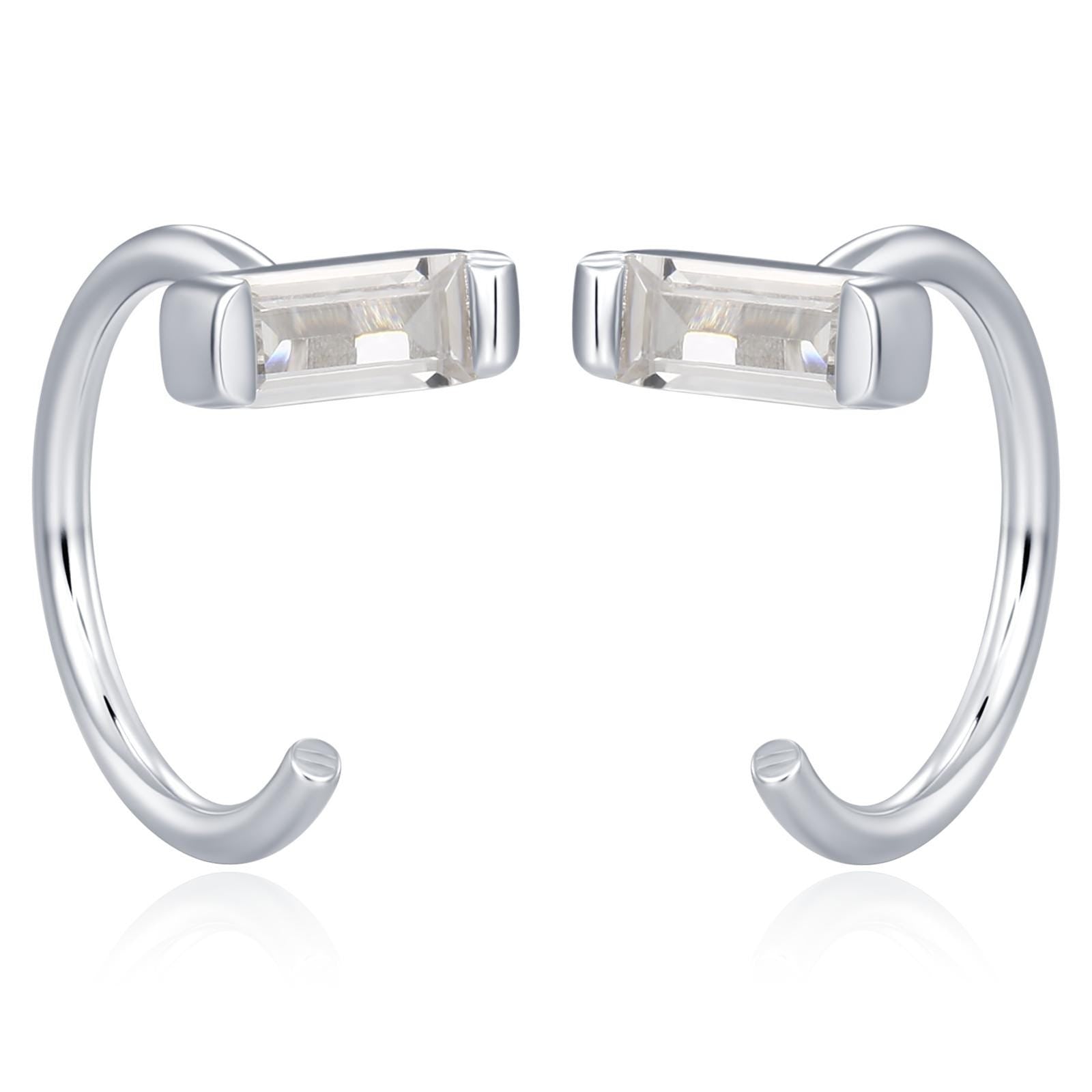 Horizontal Baguette Cut CZ Huggie Hoop Earrings in Sterling Silver, Silver or Gold, Open Hoops, Pull-Through Threader Earrings