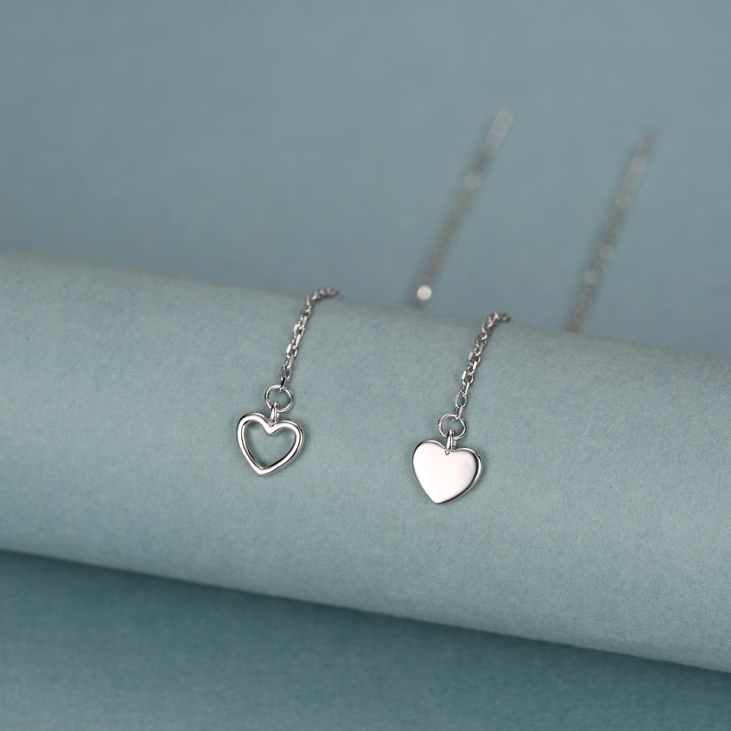 Mismatched Tiny Heart Threader Earrings in Sterling Silver, 9cm, Silver, Gold or Rose Gold, Heart Ear Threaders, Single or Double Piercing