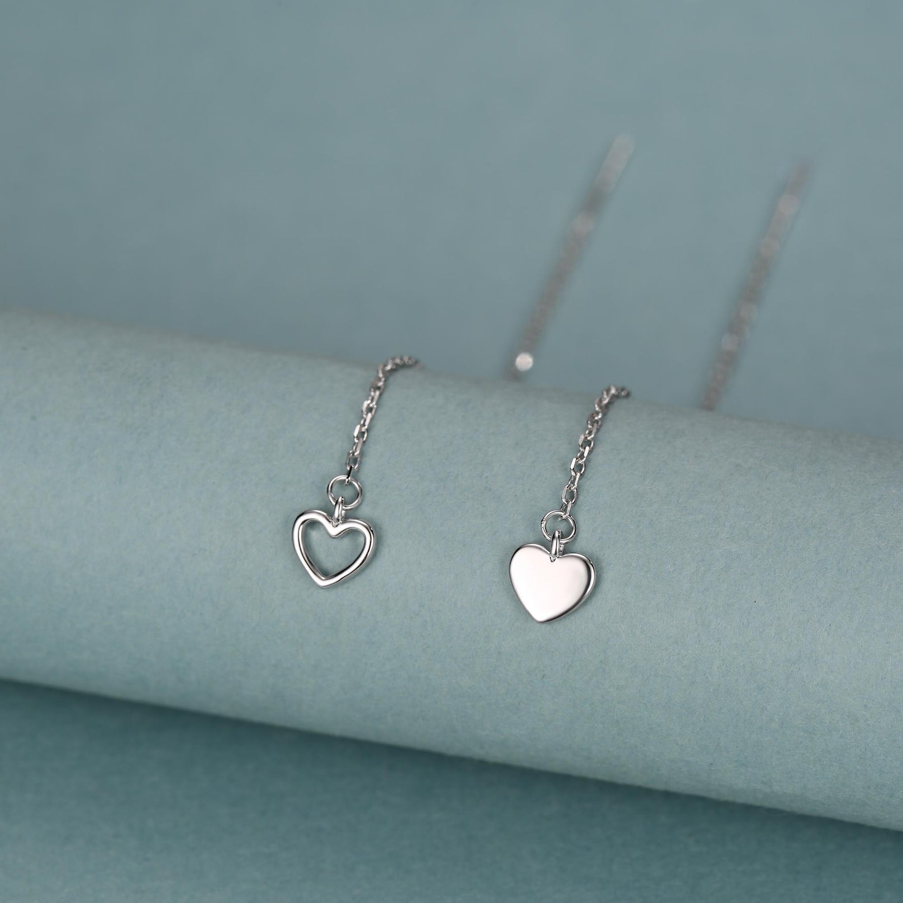 Mismatched Tiny Heart Threader Earrings in Sterling Silver, 9cm, Silver, Gold or Rose Gold, Heart Ear Threaders, Single or Double Piercing