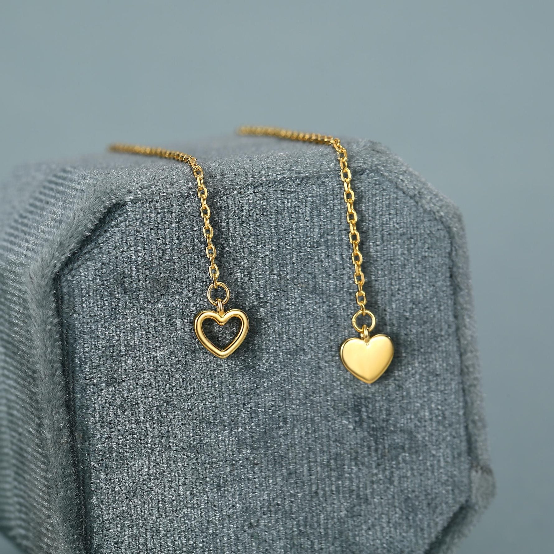 Mismatched Tiny Heart Threader Earrings in Sterling Silver, 9cm, Silver, Gold or Rose Gold, Heart Ear Threaders, Single or Double Piercing