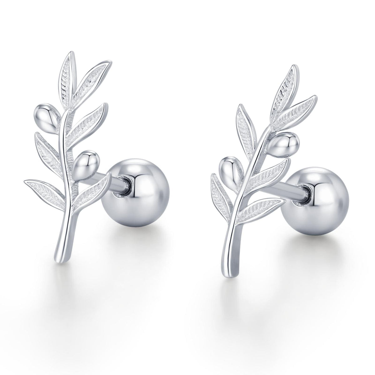 Olive Branch 18G Screw Back Earrings In Sterling Silver