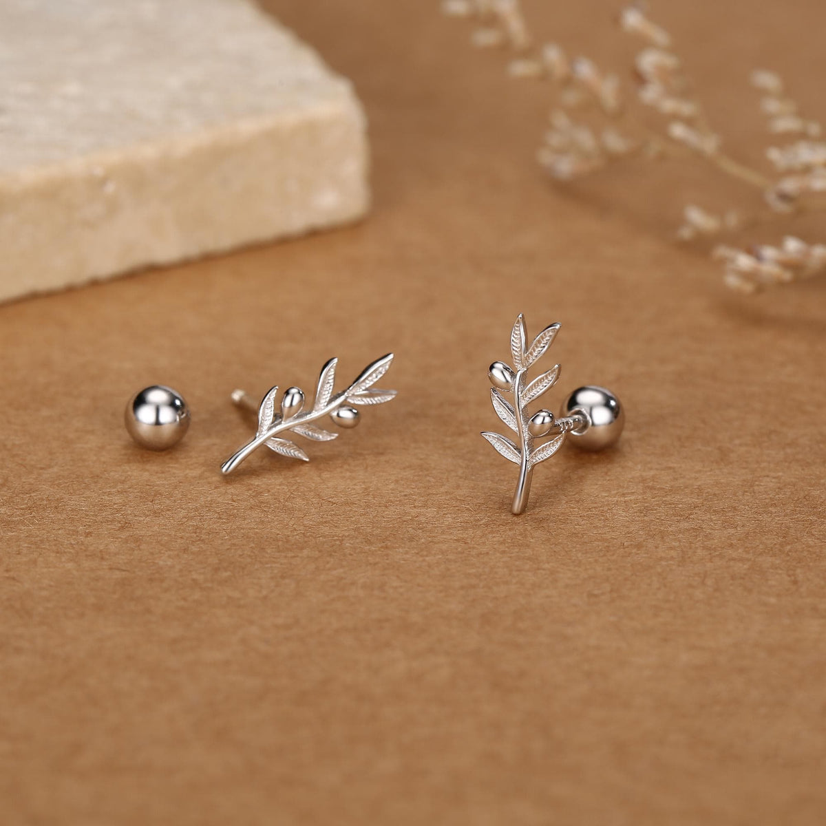 Olive Branch 18G Screw Back Earrings In Sterling Silver