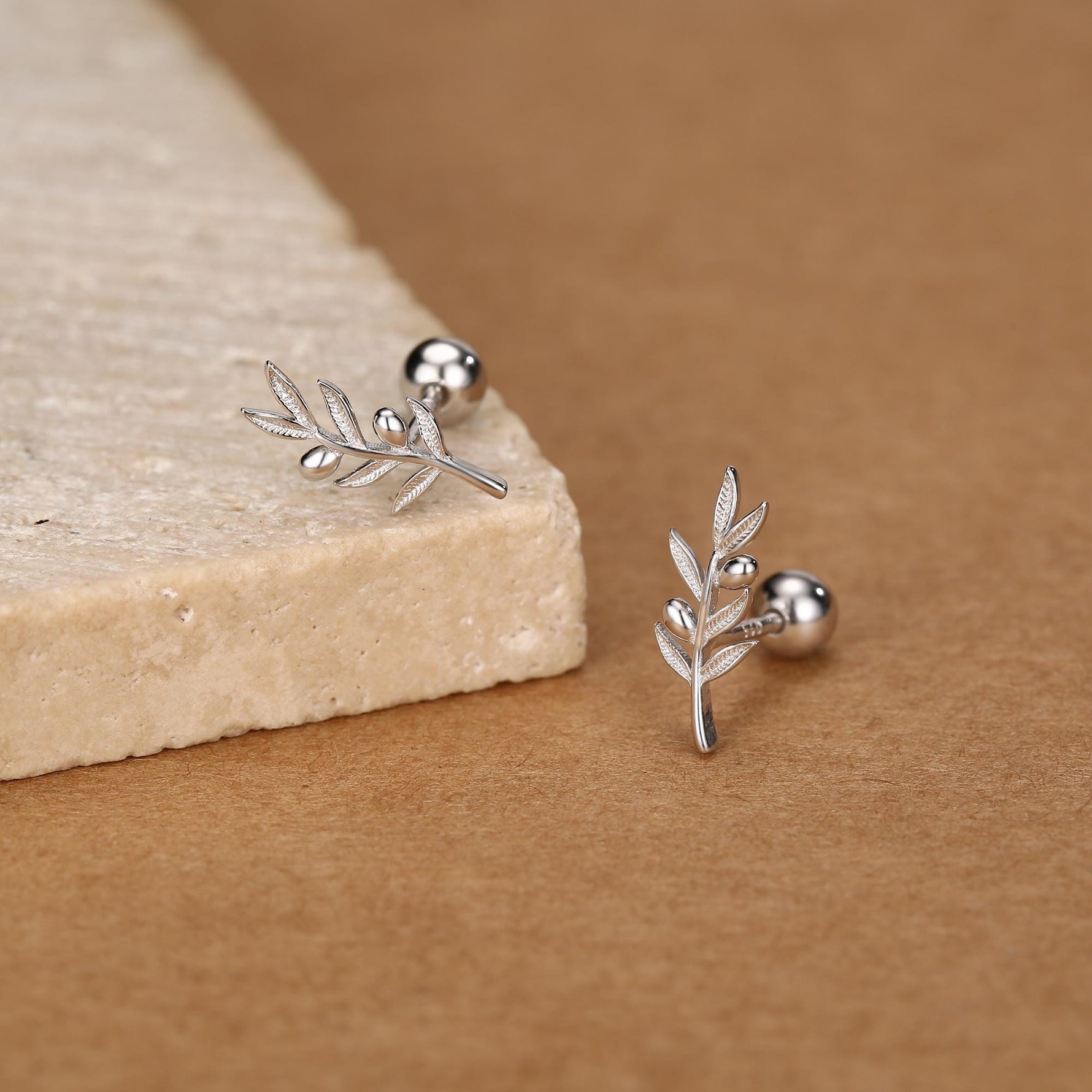 Olive Branch 18G Screw Back Earrings In Sterling Silver