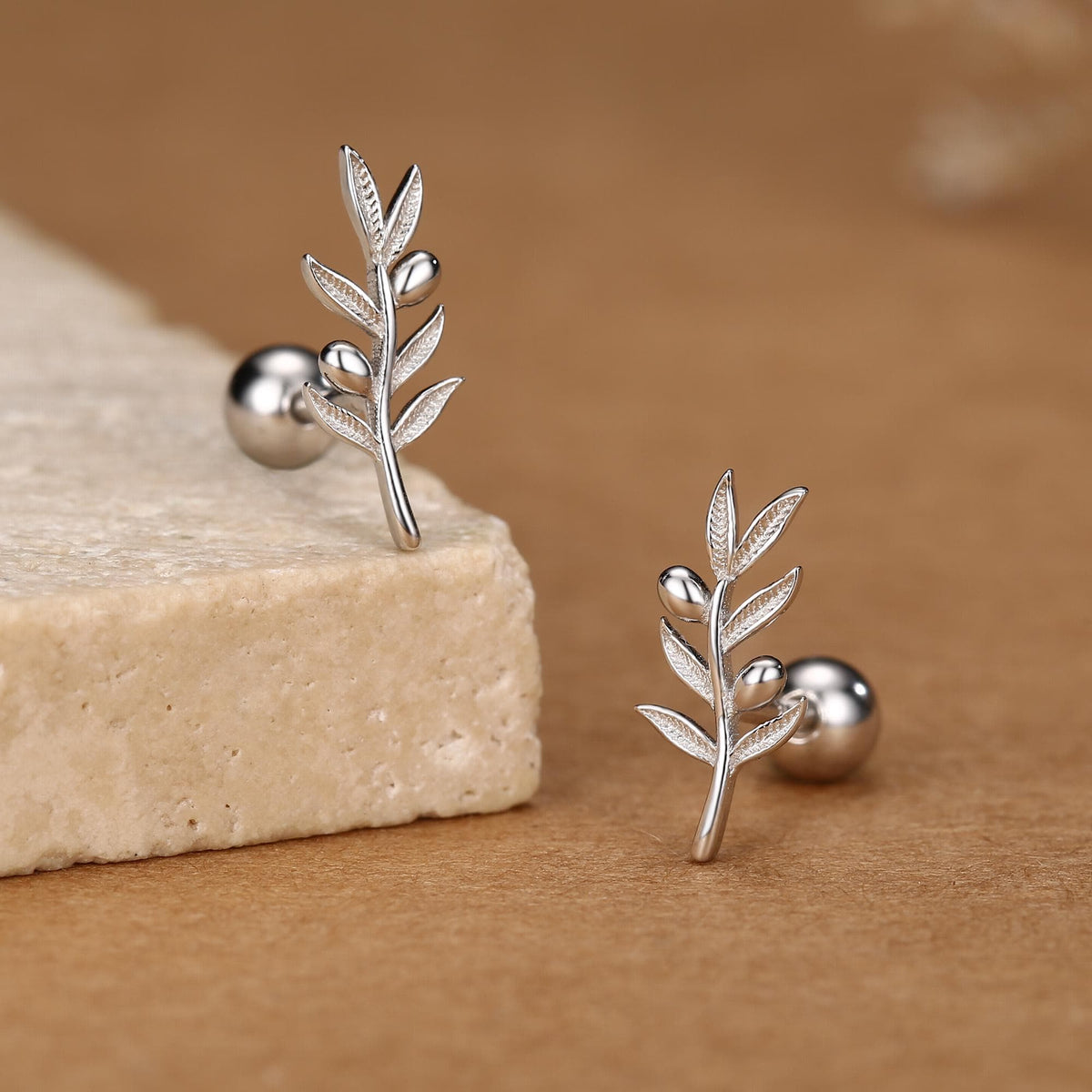 Olive Branch 18G Screw Back Earrings In Sterling Silver