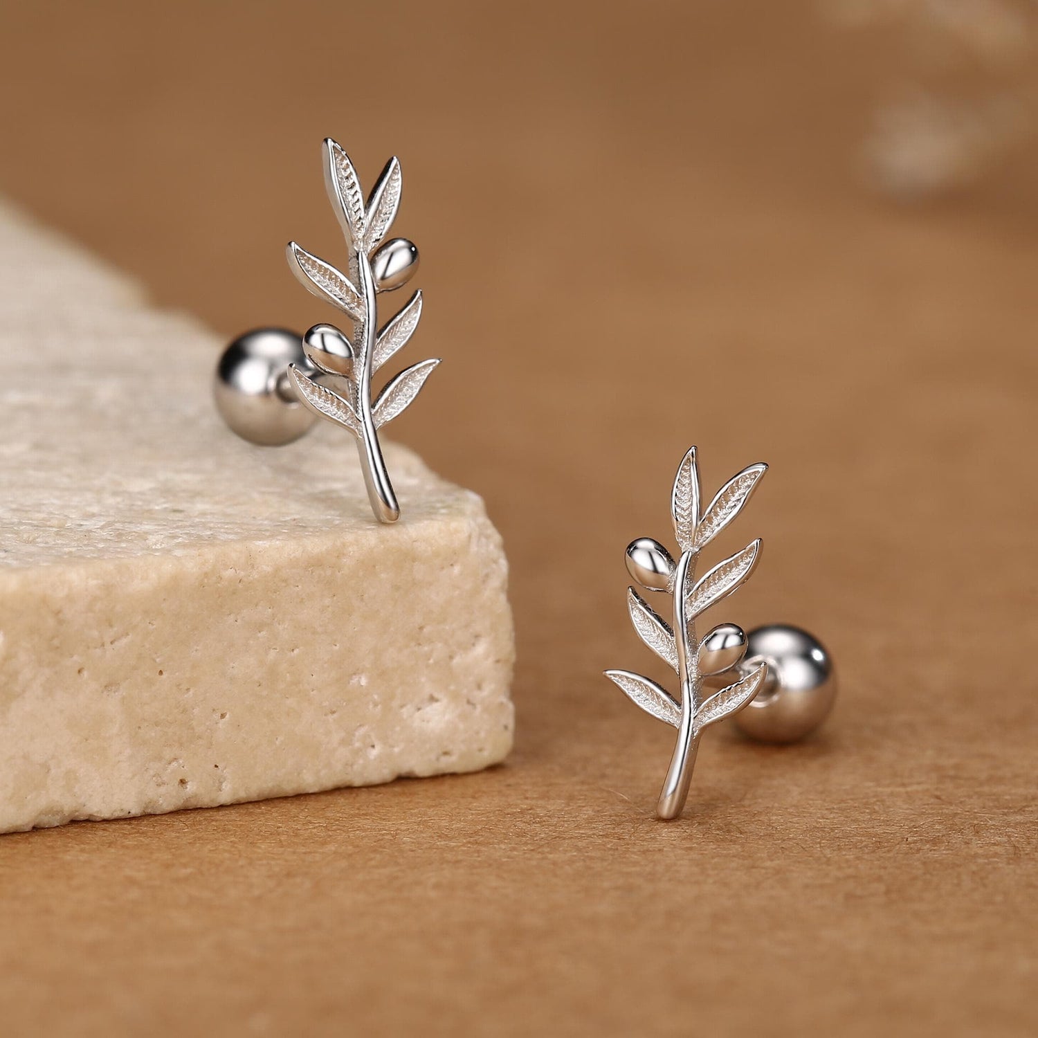 Olive Branch 18G Screw Back Earrings In Sterling Silver