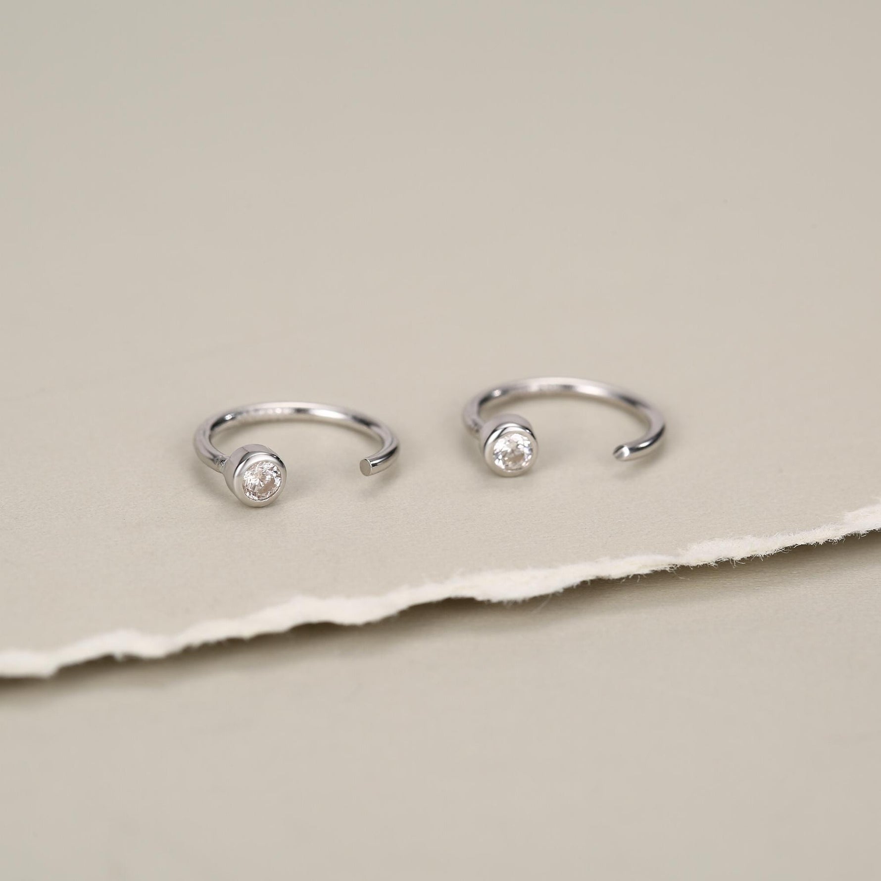 2mm Diamond CZ Huggie Hoop Earrings in Sterling Silver, Silver, or Gold, Half Hoop, Open Hoop, Pull Through, Dainty Earrings