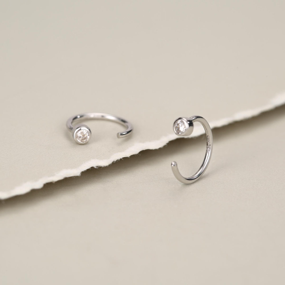 2mm Diamond CZ Huggie Hoop Earrings in Sterling Silver, Silver, or Gold, Half Hoop, Open Hoop, Pull Through, Dainty Earrings