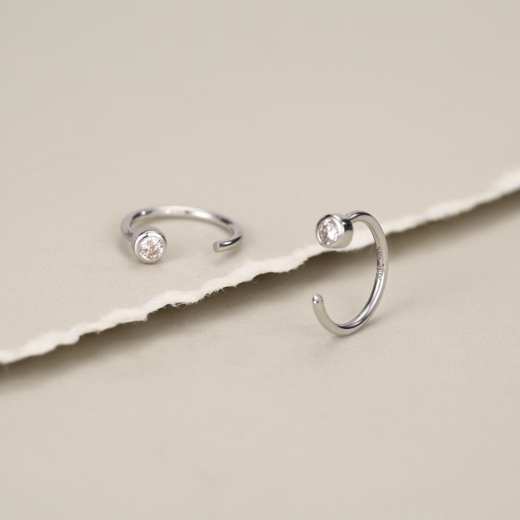 2mm Diamond CZ Huggie Hoop Earrings in Sterling Silver, Silver, or Gold, Half Hoop, Open Hoop, Pull Through, Dainty Earrings