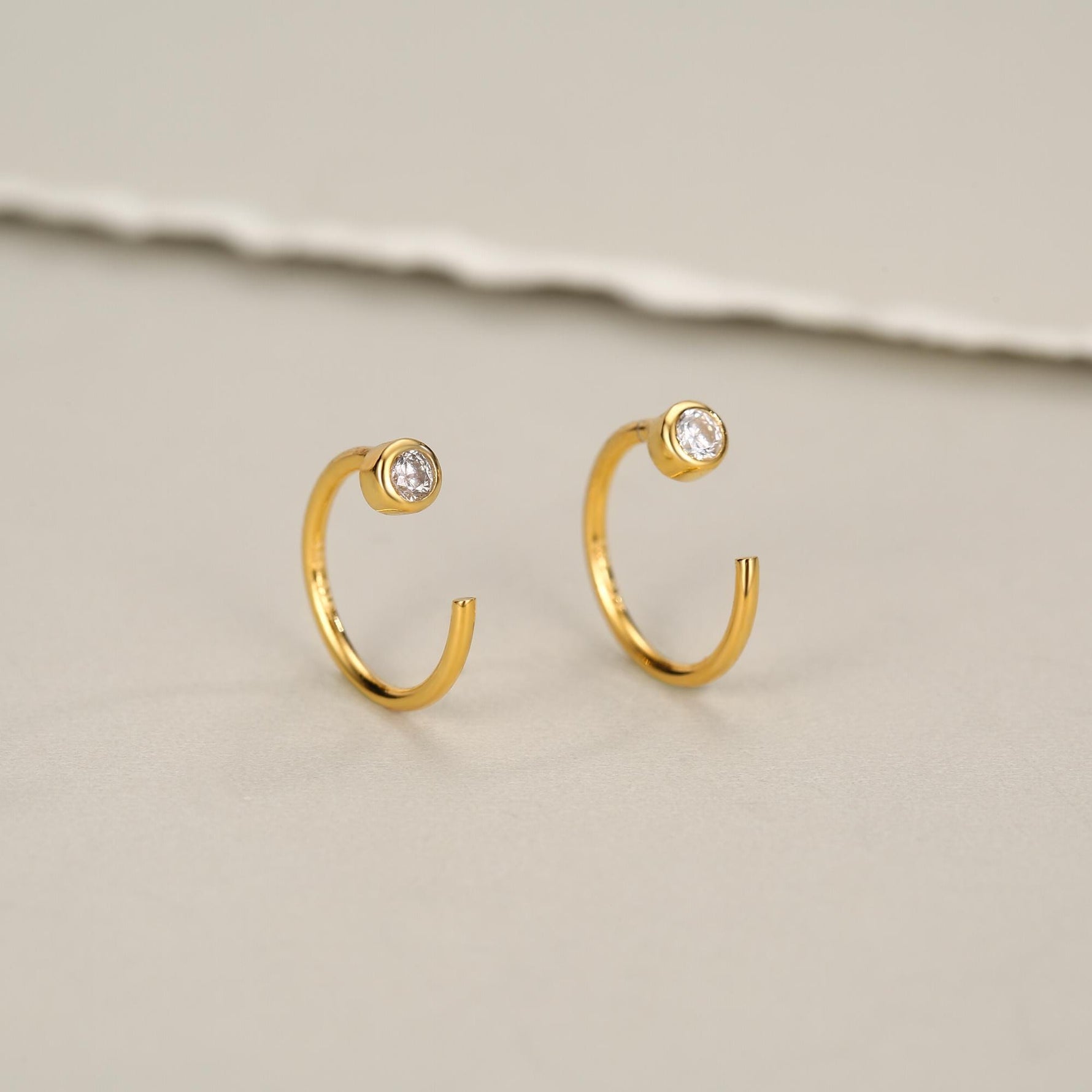 2mm Diamond CZ Huggie Hoop Earrings in Sterling Silver, Silver, or Gold, Half Hoop, Open Hoop, Pull Through, Dainty Earrings