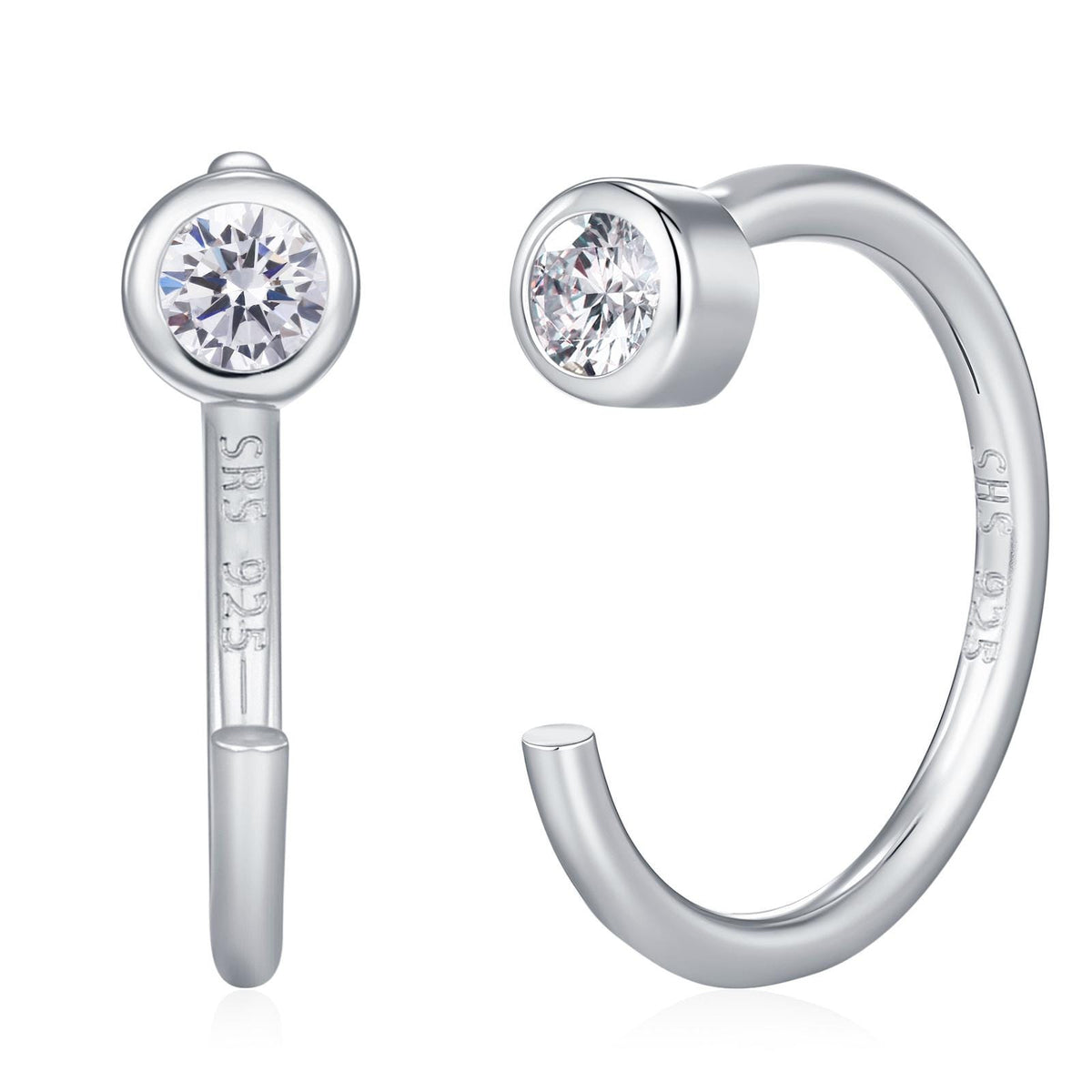 2mm Diamond CZ Huggie Hoop Earrings in Sterling Silver, Silver, or Gold, Half Hoop, Open Hoop, Pull Through, Dainty Earrings