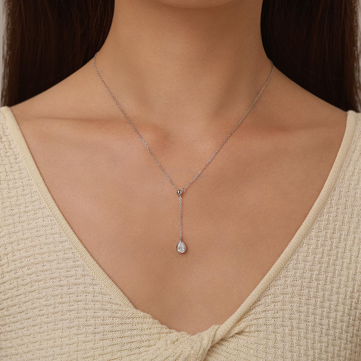 Pear Cut Clear CZ Lariat Necklace
