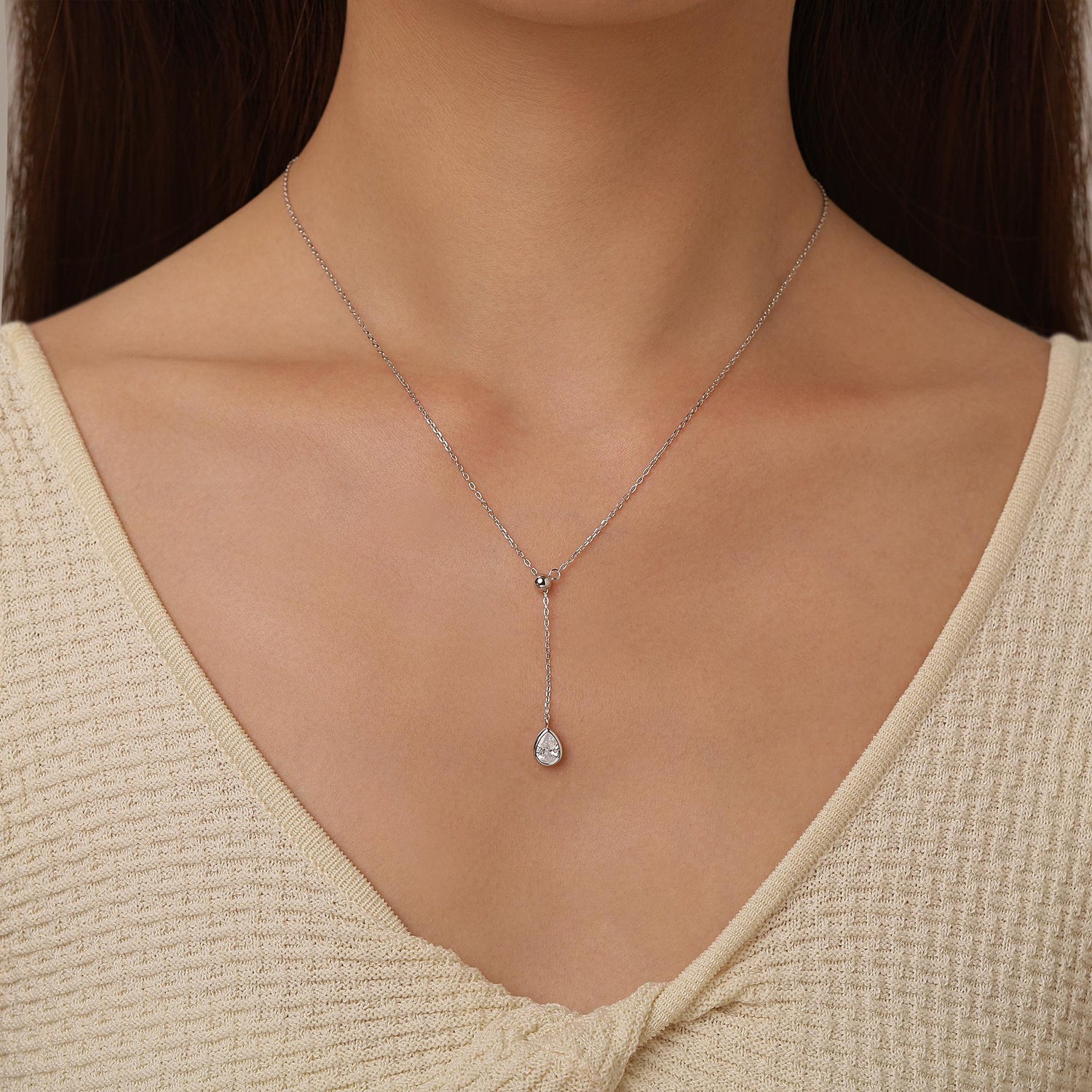 Pear Cut Clear CZ Lariat Necklace