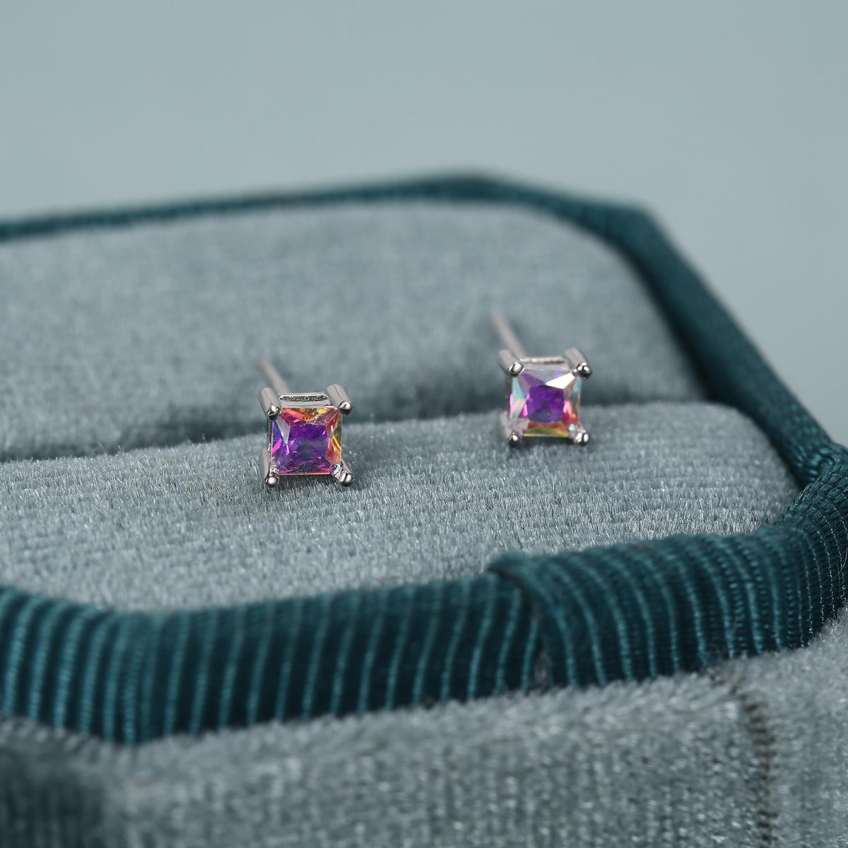 Princess Cut AB Aurora Square Crystal Stud Earrings in Sterling Silver
