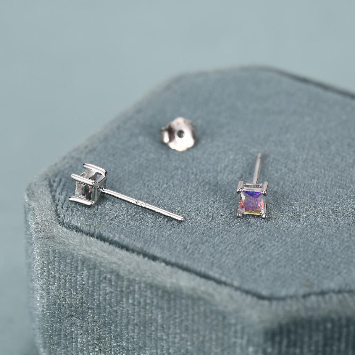Princess Cut AB Aurora Square Crystal Stud Earrings in Sterling Silver