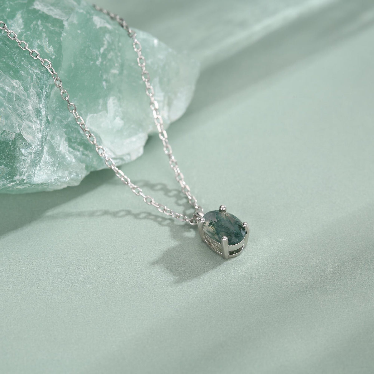 Sterling Silver Tiny Moss Agate Oval Necklace