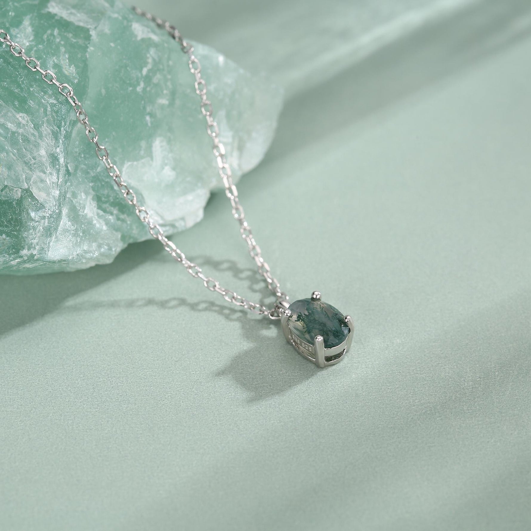 Sterling Silver Tiny Moss Agate Oval Necklace