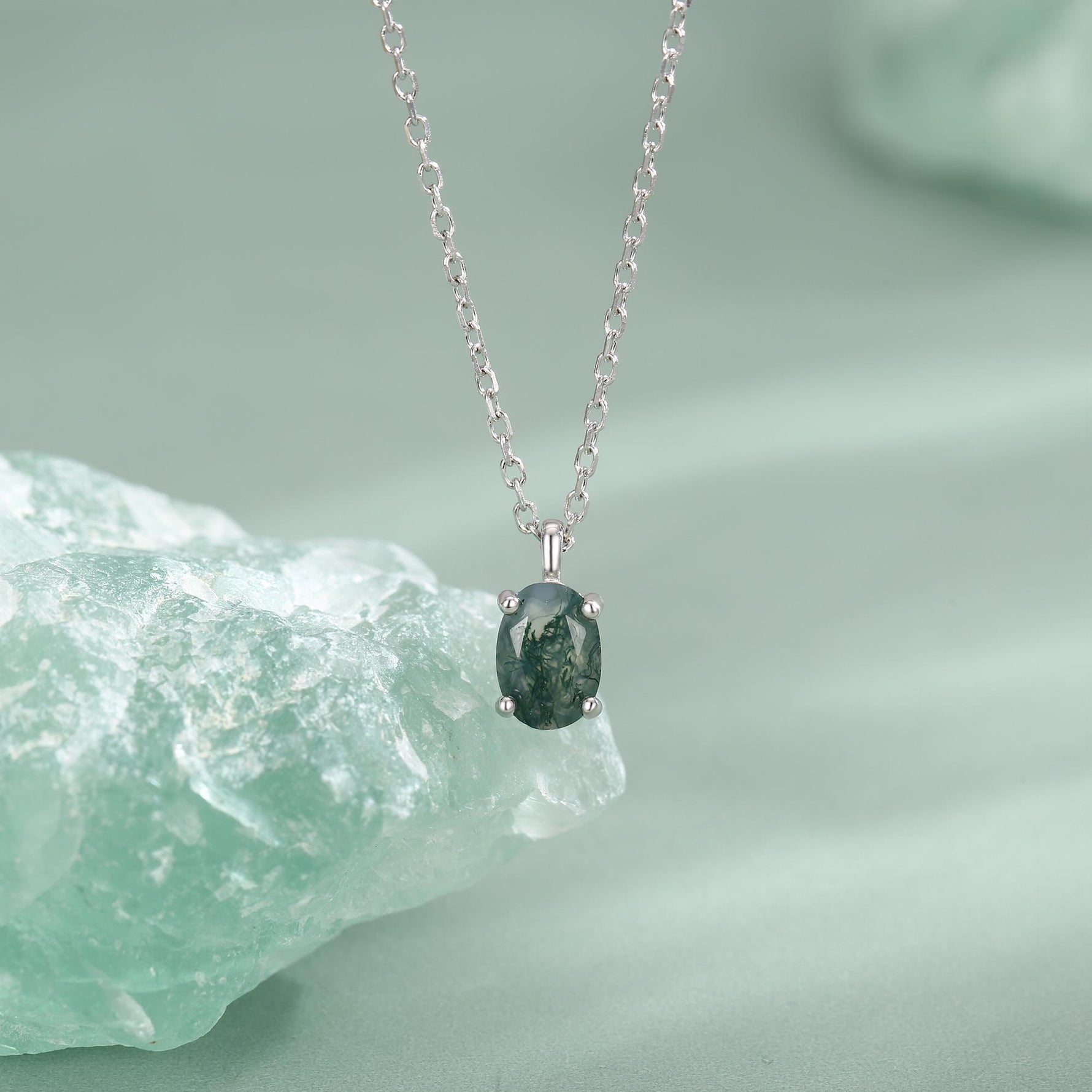 Sterling Silver Tiny Moss Agate Oval Necklace