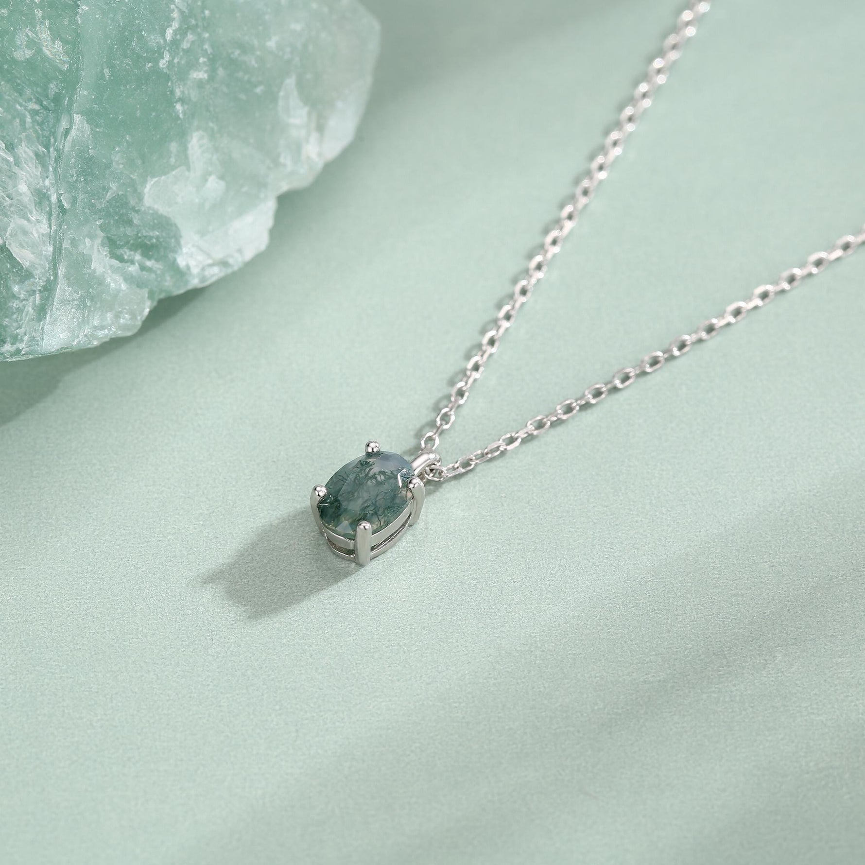 Sterling Silver Tiny Moss Agate Oval Necklace