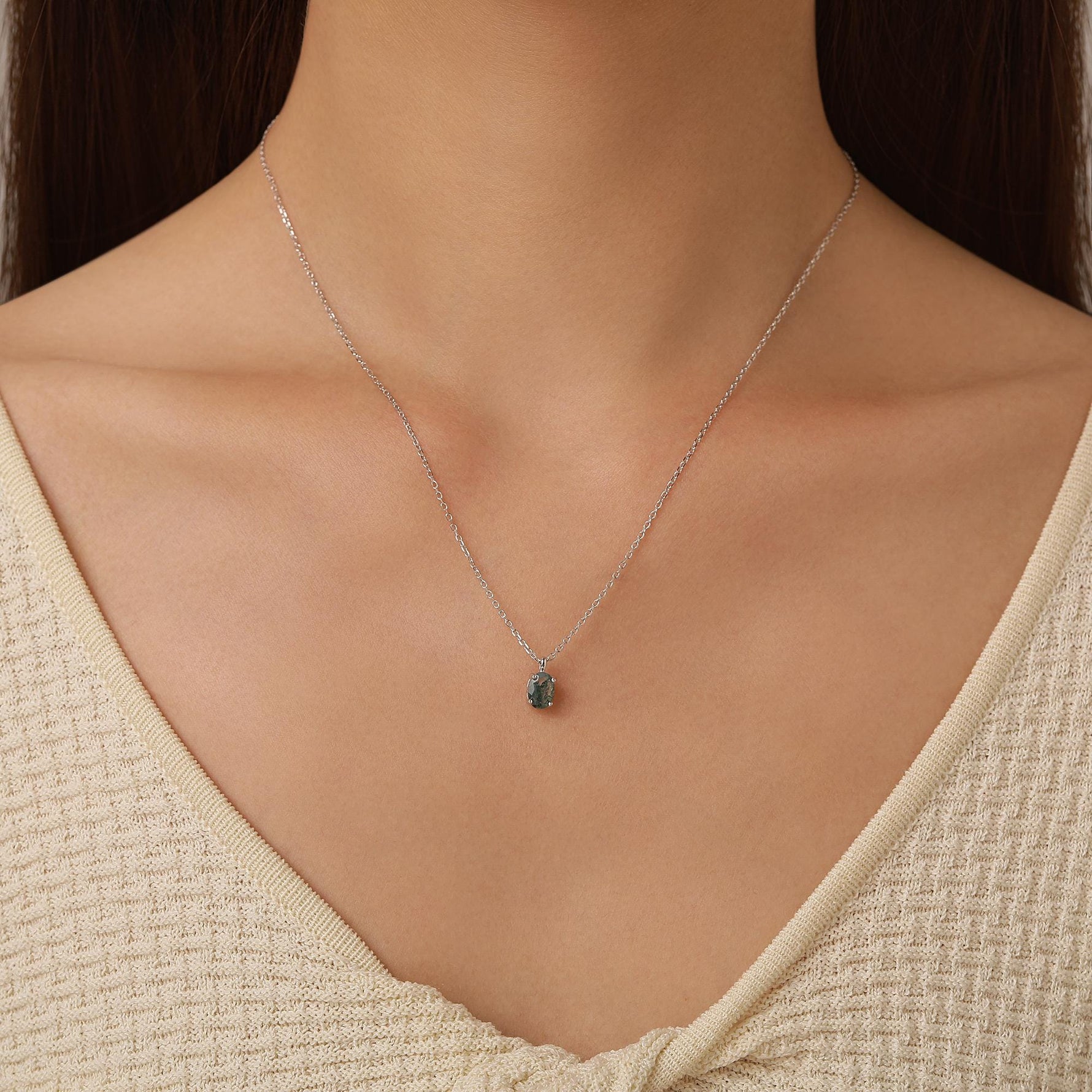 Sterling Silver Tiny Moss Agate Oval Necklace