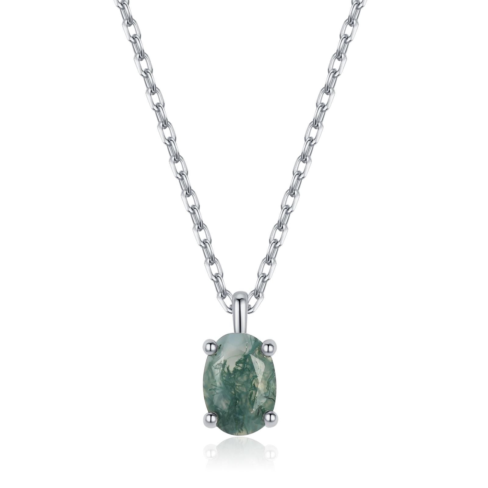 Sterling Silver Tiny Moss Agate Oval Necklace