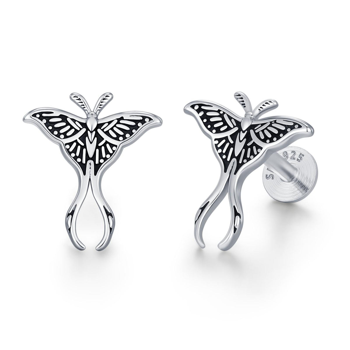 Sterling Silver Moth 16G Internally Threaded Flat Back Earrings