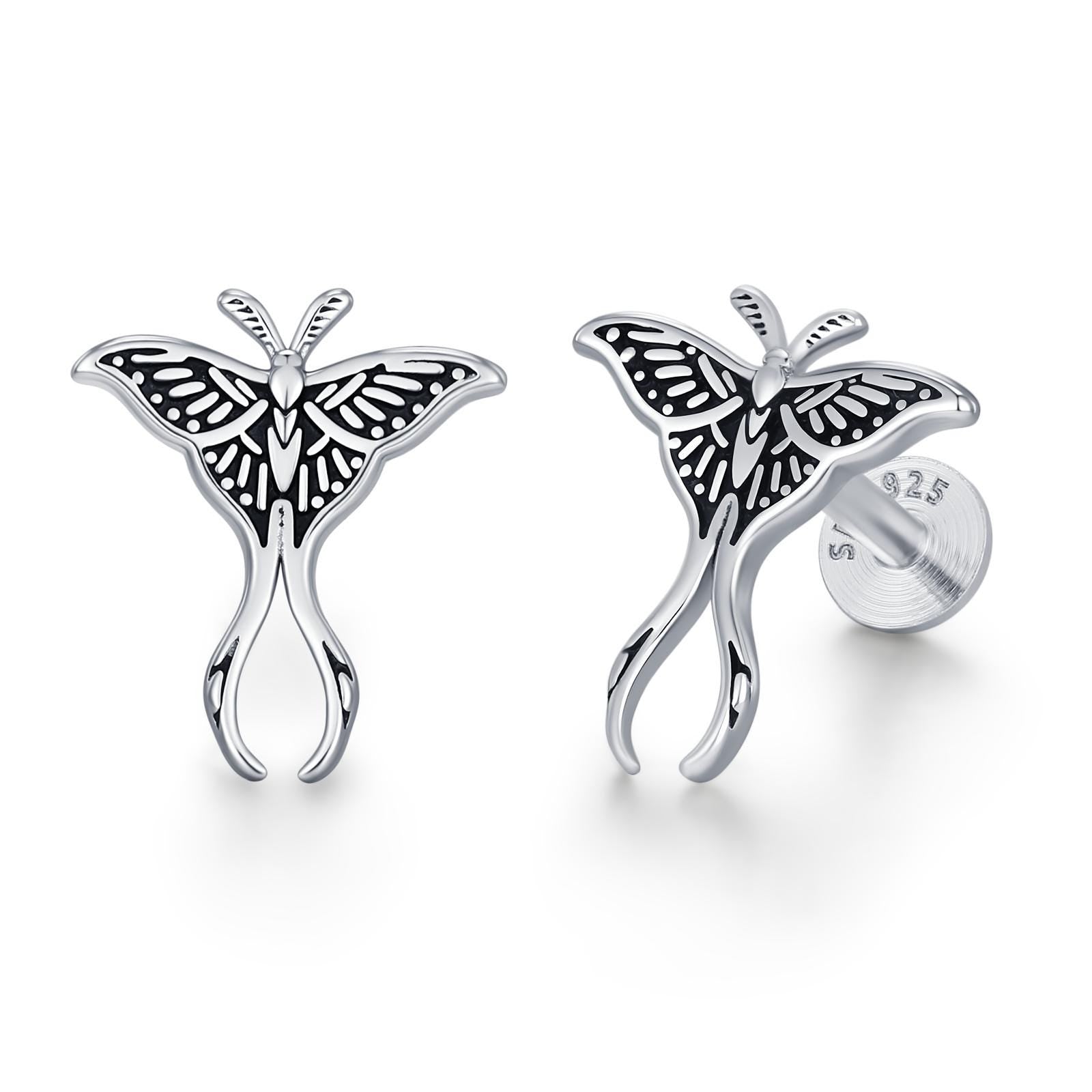 Sterling Silver Moth 16G Internally Threaded Flat Back Earrings