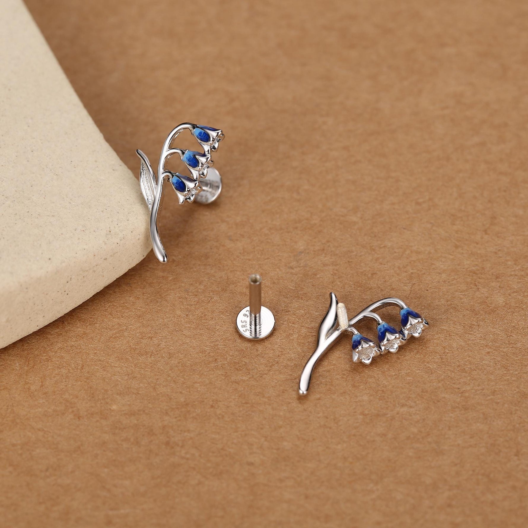Sterling Silver Bluebell 16G Internally Threaded Flat Back Earrings