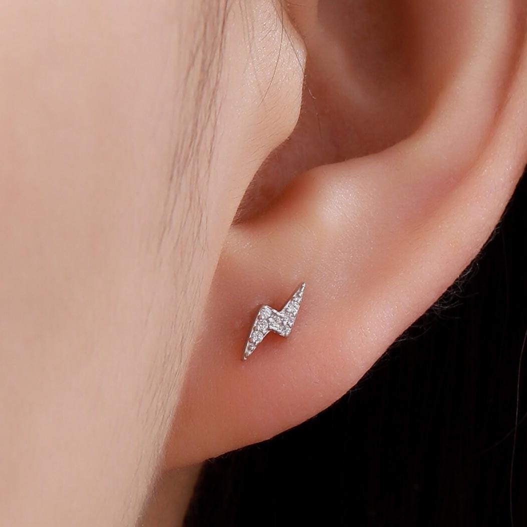 CZ Lightning Bolt Screw Back Earrings in Sterling Silver, Lightning Bolt Barbell Earrings, Silver, Gold and Rose Gold, Bolt Screwback