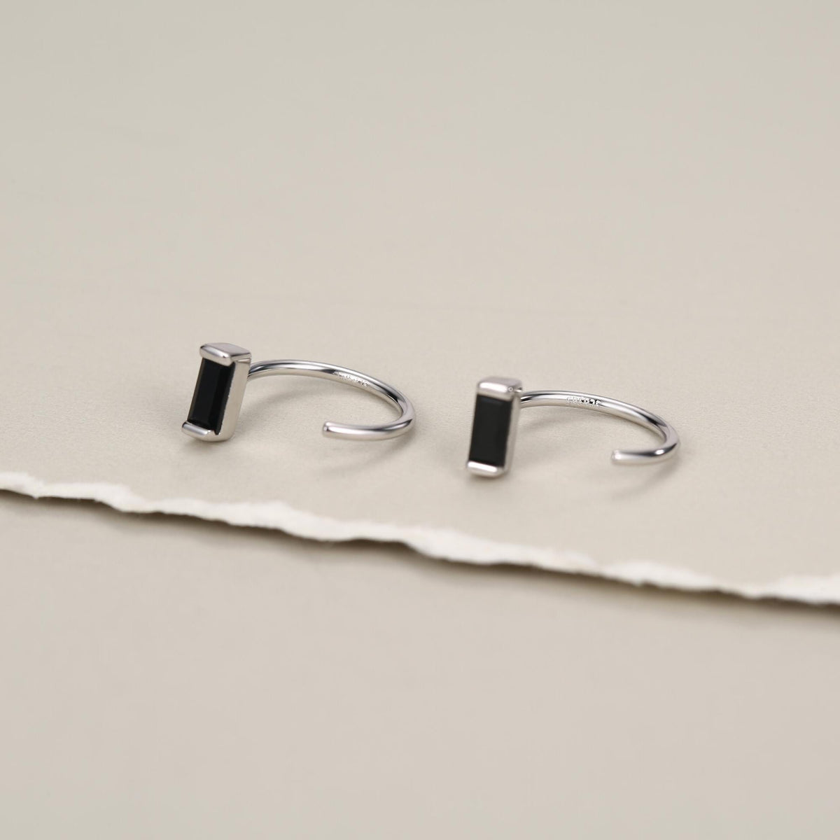 Black Baguette Cut CZ Huggie Hoop Earrings in Sterling Silver, Silver or Gold, Open Hoops, Pull-Through Threader Earrings,