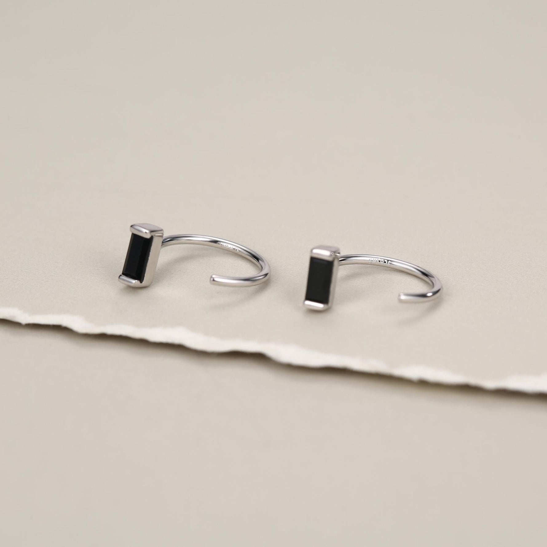Black Baguette Cut CZ Huggie Hoop Earrings in Sterling Silver, Silver or Gold, Open Hoops, Pull-Through Threader Earrings,