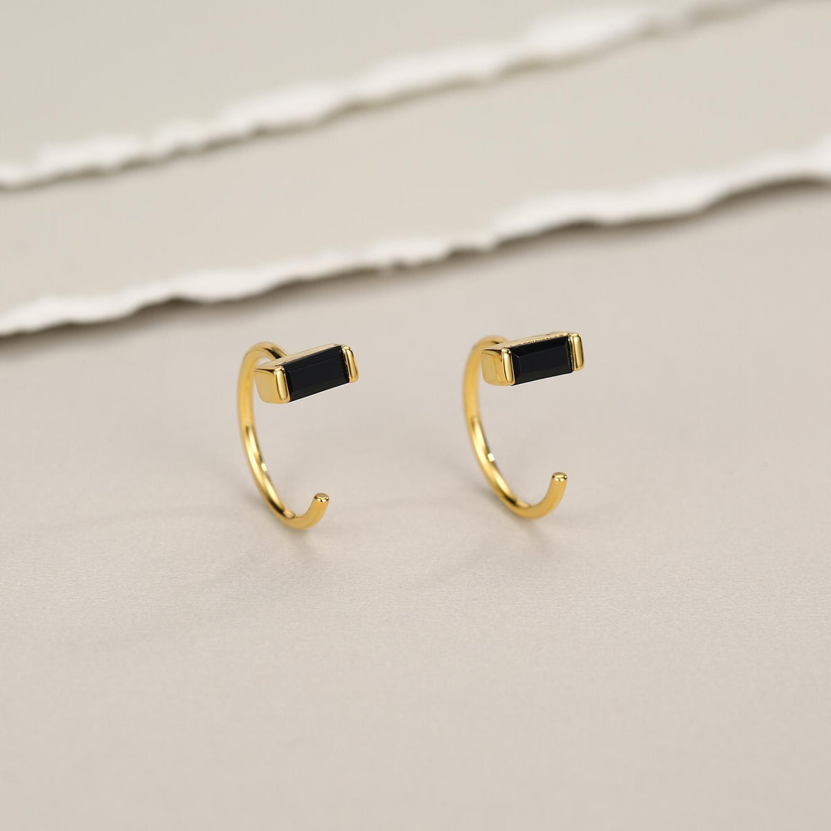 Black Baguette Cut CZ Huggie Hoop Earrings in Sterling Silver, Silver or Gold, Open Hoops, Pull-Through Threader Earrings,