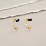 Black Baguette Cut CZ Huggie Hoop Earrings in Sterling Silver, Silver or Gold, Open Hoops, Pull-Through Threader Earrings,