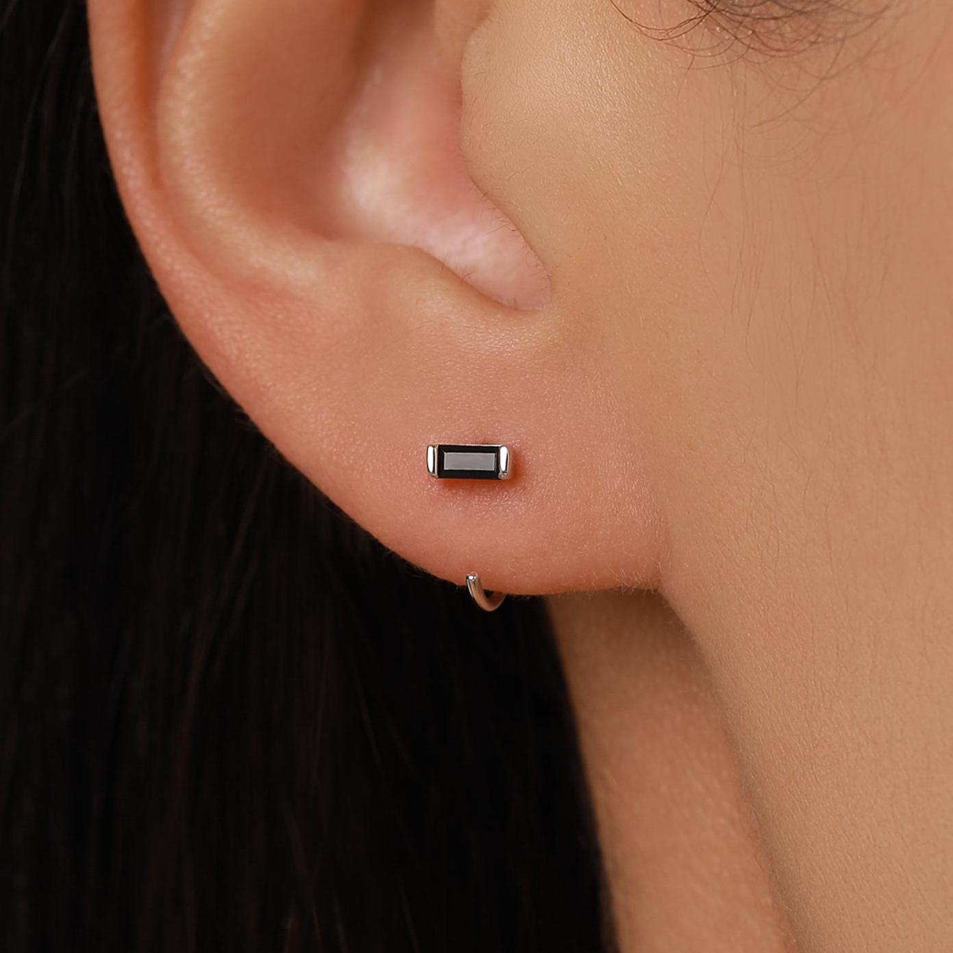 Black Baguette Cut CZ Huggie Hoop Earrings in Sterling Silver, Silver or Gold, Open Hoops, Pull-Through Threader Earrings,