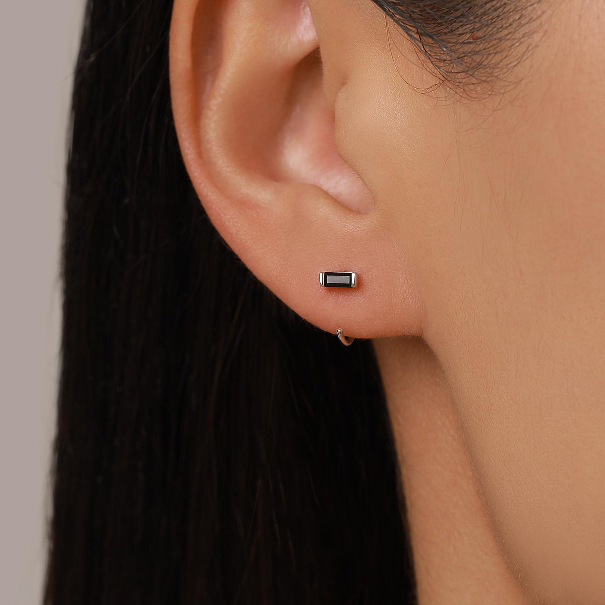 Black Baguette Cut CZ Huggie Hoop Earrings in Sterling Silver, Silver or Gold, Open Hoops, Pull-Through Threader Earrings,