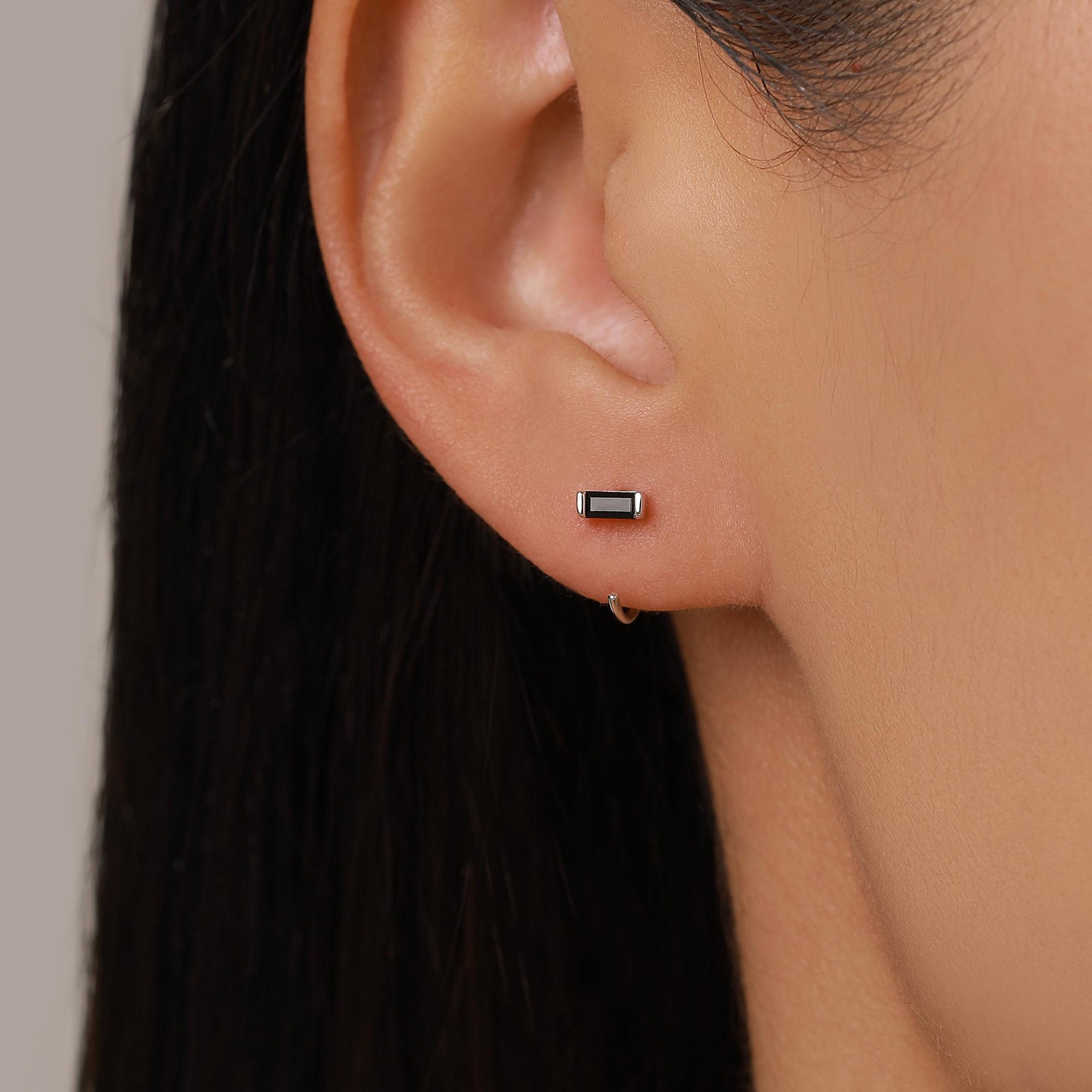 Black Baguette Cut CZ Huggie Hoop Earrings in Sterling Silver, Silver or Gold, Open Hoops, Pull-Through Threader Earrings,